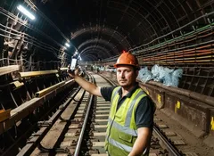 Dělník ve vestě a helmě kontroluje tunel metra se zařízením v ruce