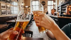 Přátelé si přiťukávají sklenicemi piva v tradiční české hospodě