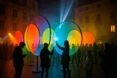 Lidé u barevně osvětlených interaktivních instalací na nočním festivalu světla ve městě.