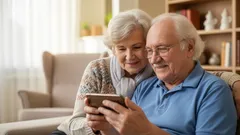 Senioři sedící na gauči, usmívají se a sledují tablet, domácí prostředí